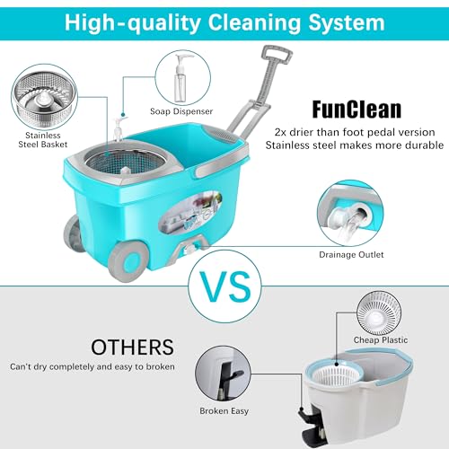 FunClean Spin Mop and Bucket for Home Cleaning, 360° Rotating Floor Mop with Wringer, Adjustable 61" Handle for Back Pain Relief, 6 Microfiber Replacement Heads, 2 Easy-Move Wheels - Blue - size: Blue Mop Bucket with 6 Extra Refills