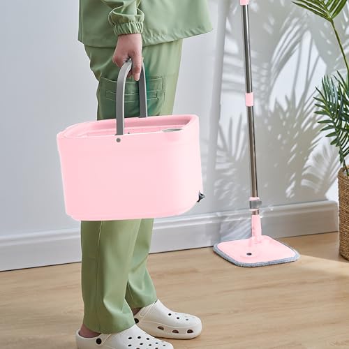 Spin Mop and Bucket with Separate Compartments for Clean and Dirty Water NEW 2025 Upgraded Version w/Side Brush and Self Standing Handle, Smart Square Mop w/ 2 Machine Washable Microfiber Pads, Rose - color: Pink