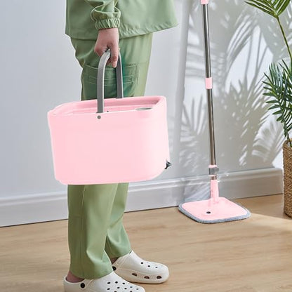 Spin Mop and Bucket with Separate Compartments for Clean and Dirty Water NEW 2025 Upgraded Version w/Side Brush and Self Standing Handle, Smart Square Mop w/ 2 Machine Washable Microfiber Pads, Rose - color: Pink