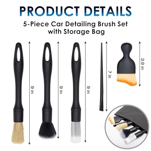 Yours Car Detailing Brush Kit, Interior & Exterior Car Cleaning Brush Set, Auto Detailing Tools for Interior Cleaner, 5 Pack, Black