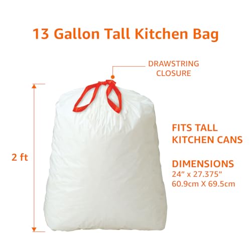 Amazon Basics 13 Gallon Tall Kitchen Drawstring Trash Bags, Unscented, 10% Post Consumer Recycled, 120 Count, White - size: 1 Count (Pack of 120)