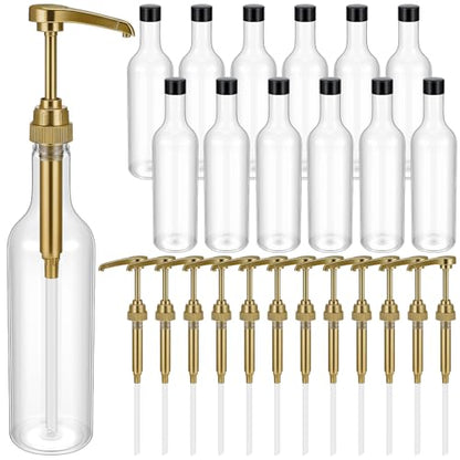 Maxdot 12 Pcs 25 oz Syrup Bottles with Pump Long Neck Bottles Plastic Syrup Pump Dispenser for Coffee Bar Accessories Home Party (Gold) - color: Gold