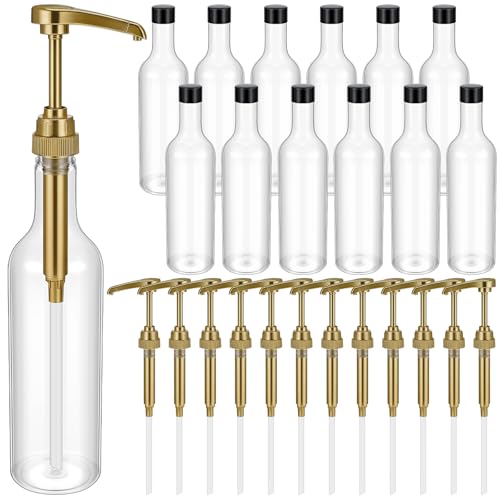Maxdot 12 Pcs 25 oz Syrup Bottles with Pump Long Neck Bottles Plastic Syrup Pump Dispenser for Coffee Bar Accessories Home Party (Gold) - color: Gold