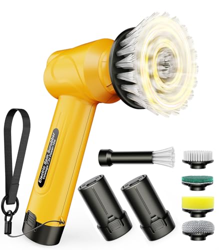 qimedo Battery Electric Spin Scrubber Q4, Handheld Scrubber for Cleaning with Display, Power Dish Scrubber with 5 Heads, Shower Cordless Cleaning Brush for Bathroom/Sink/Window - size: 5000mAh Scrubber with 5.0-inch Handle