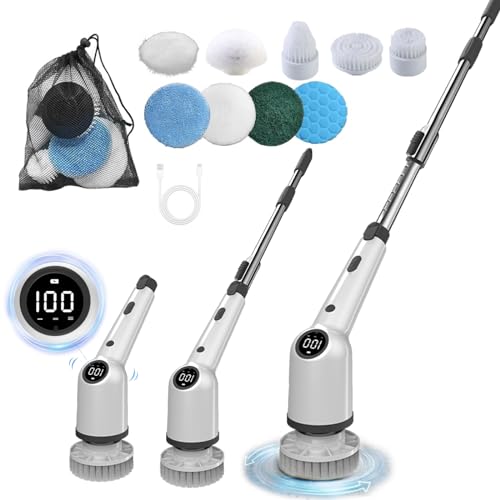 Electric Spin Scrubber, Cordless Cleaning Brush, Shower Scrubber with 9 Replaceable Brush Heads, 52 Inch Detachable Long Handle Power Scrubber 3 Adjustable Speeds Bathroom Floor Tile Window Kitchen