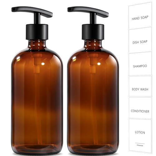 GMISUN Amber Glass Soap Dispenser, 2 Pack Bathroom Hand Soap Dispensers with Stainless Steel Pump, 17 Fl Oz Kitchen Hand and Dish Soap Dispenser Set, Modern Vintage Liquid Brown Soap Dispensers Bottle - color: Amber Bottle + Black Bend Pump, size: 2 Pack