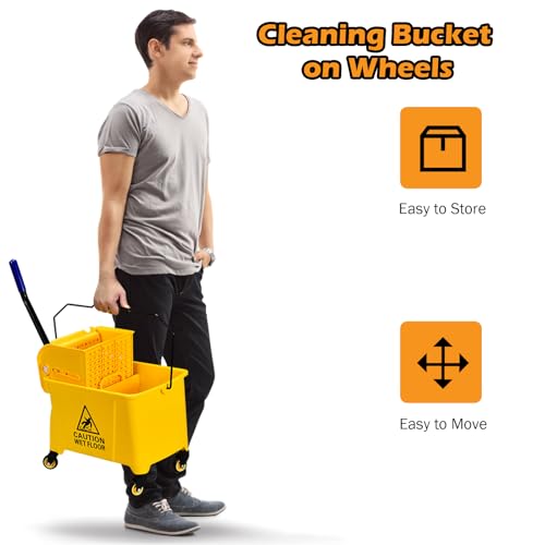 ARLIME Mop and Bucket Set with Wringer On Wheels, 21 Quart Capacity Portable Wringer Trolley on Wheels, Side Press Floor Cleaning Wavebrake w/Handle, Mop Bucket for Home, Commercial, Restaurants - size: 21 Quart