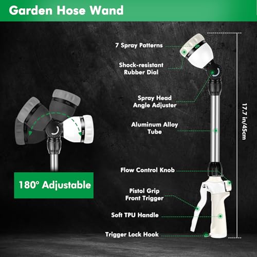 RESTMO Metal Watering Wand, Heavy Duty Garden Hose Wand with 180° Swivel Ratcheting Head, 16'' Hose Nozzle Sprayer with 7 Spray Patterns and Flow Control, for Water Hanging Baskets and Shrubs, White - color: White