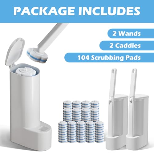 Disposable Toilet Brush Cleaning System, 2pcs Wands with 104pcs Replacement Heads, Stick for Toilet Cleaning,Wands with Refills Pads, Wall Mounted Toliet Wand for Bathroom, Toilet Brush and Holder Set - color: High Base