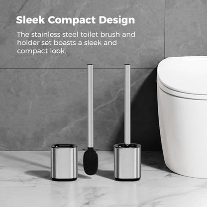 Sineng Silicone Toilet Brush and Holder Set, 2Pack Stainless Steel Toilet Cleaning Brush, One-Piece Long Handle, Flexible Compact Modern RV Toilet Bowl Brush for Bathroom - color: Stainless Steel