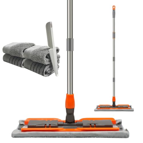 16-Inch Large Microfiber Flat Mop for Hardwood & Tile Floors, Durable Aluminum Alloy Head with Stainless Steel Handle, 4 Reusable Pads (2 Chenille+2 Microfiber) for Wet Dry Cleaning - color: Gray and Orange, size: 16in×59in