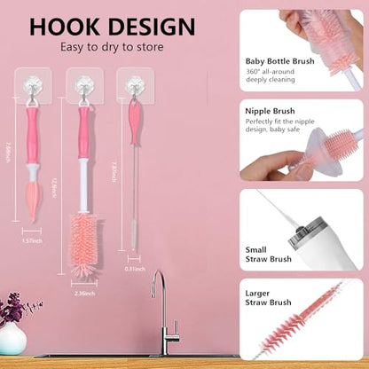 Silicone Bottle Cleaning Brush,Baby Travel Essential Bottle Brush Set, 3 in 1 Silicone Brush, Nipple Brush, Straw Brush - color: Pink