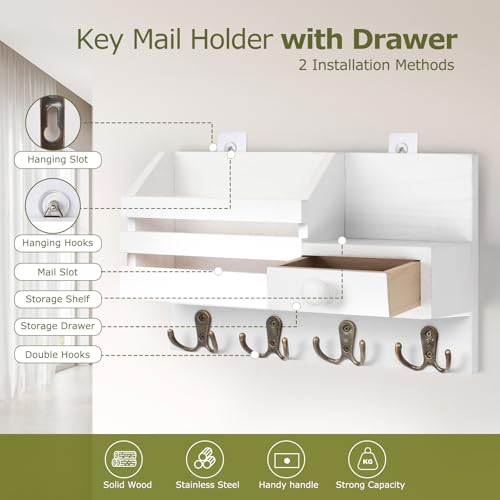 Key Holder Wall Mount, Wooden Adhesive Mail and Key Organizer with Drawer, Small Shelf, 8 Hooks, 2 Installation Methods, White - color: White