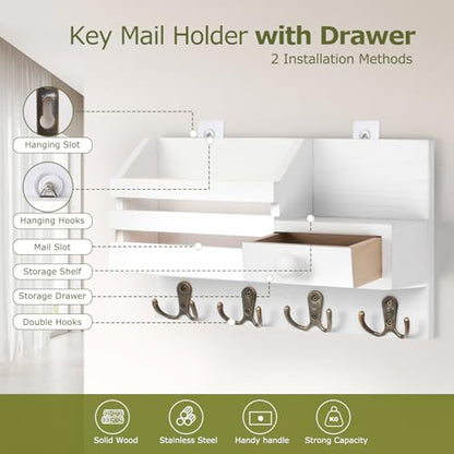 Key Holder Wall Mount, Wooden Adhesive Mail and Key Organizer with Drawer, Small Shelf, 8 Hooks, 2 Installation Methods, White - color: White
