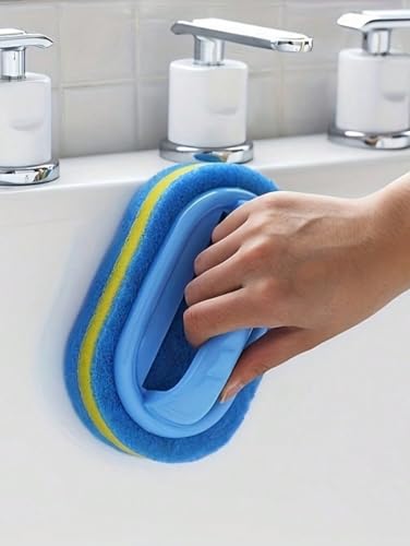 Ergonomic Long Handle Sponge Brush Set Durable Scouring 3 Pack Pad Shower Scrubber for Bathroom Bathtub Tile Grout Kitchen Sink Pot Cleaning Tool Non Scratch Heavy Duty Wand (Blue) - color: Blue