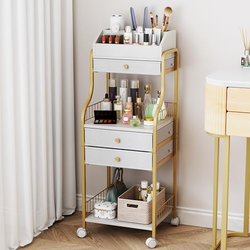 HapiRm Floor Makeup Organizer Storage - Vanity Skincare Make Up Organizers and Storage with Drawers, Cosmetics Display Cases Holder for Skin Care Nail Polish Perfume Makeup Brush, Gold - color: Gold