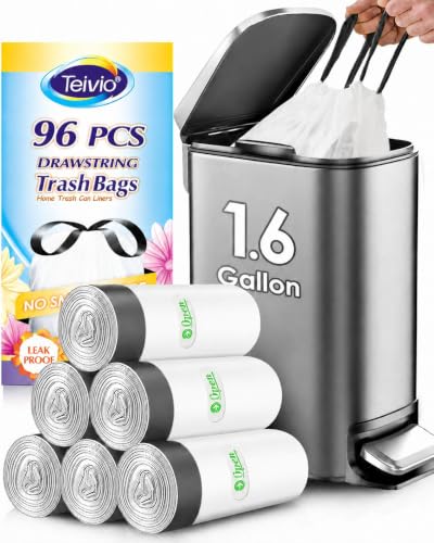1.6 Gallon 96 Counts Small Drawstring Trash Bags by Teivio, Fit1.2,1.3,1.5 Gallon Bathroom Trash Can Bin Liners, 5-6 Liter Small Plastic Garbage Bags for home office kitchen, White - style: 96-1.6Gallon