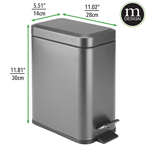mDesign Small Modern 1.3 Gallon Rectangle Metal Lidded Step Trash Can, Compact Garbage Bin with Removable Liner Bucket and Handle for Bathroom, Kitchen, Craft Room, Office, Garage - Graphite Gray - color: Graphite Gray, size: 1.3 Gallon