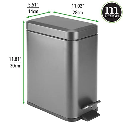 mDesign Small Modern 1.3 Gallon Rectangle Metal Lidded Step Trash Can, Compact Garbage Bin with Removable Liner Bucket and Handle for Bathroom, Kitchen, Craft Room, Office, Garage - Graphite Gray - color: Graphite Gray, size: 1.3 Gallon