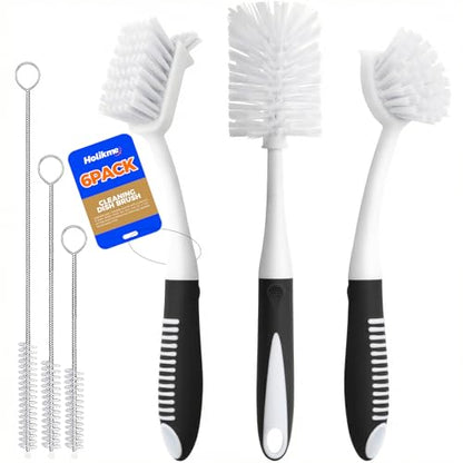 Holikme 6 Pack Dish Brush Set with Bottle Brush, Dish Scrub Brush, Pan Brush and 3 Straw Brushes, Deep Cleaning Handle Brush with Scraper Tip for Kitchen Sink Dishes Bottle Cup Pot and Pans (Black) - color: Black
