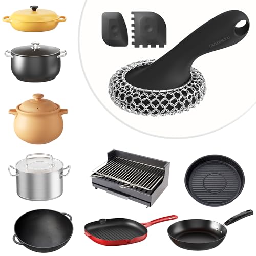 SUBEKYU Cast Iron Scrubber with Silicone Handle, Stainless Steel Skillet Cleaner for Cast Iron Pans (Black Scrubber + Scraper) - color: Black Scrubber + Scraper