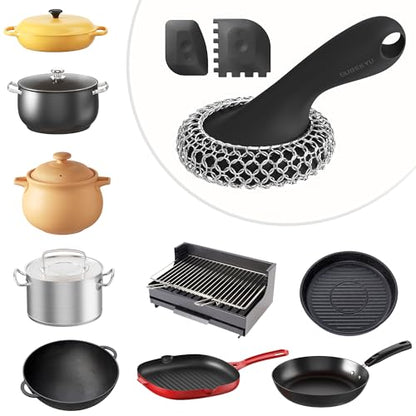 SUBEKYU Cast Iron Scrubber with Silicone Handle, Stainless Steel Skillet Cleaner for Cast Iron Pans (Black Scrubber + Scraper) - color: Black Scrubber + Scraper