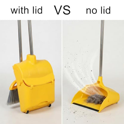 Long Handle Heavy Duty Broom and Dustpan Set, Outdoor and Commercial Upright Dustpan and Brush for Restaurant Garage Garden Yard Office, Yellow - color: Yellow