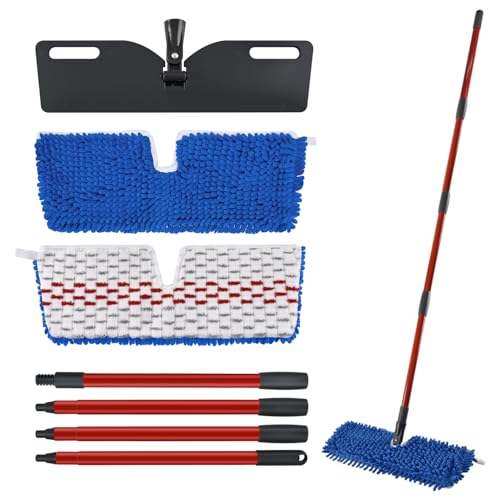 Microfiber Dust Mop Set for Floor Cleaning, Flat Mop for Wet & Dry to Clean Washable Flip Mops Pad for Ocedar Hardwood Floor 'N More 3-Action Mop, Adjustable 58" Mops Handle & 2 Reusable Refill & Base - color: Blue & Red