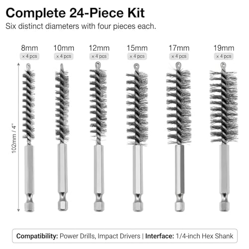 QWORK Bore Brush 24 Pcs Set for Drill, Stainless Steel Wire Cleaning Brushes with 1/4 Inch Hex Shank, Multi-Size Bore Cleaning Tools for Rust Removal, Tube and Pipe Cleaning 8/10/12/15/17/19mm