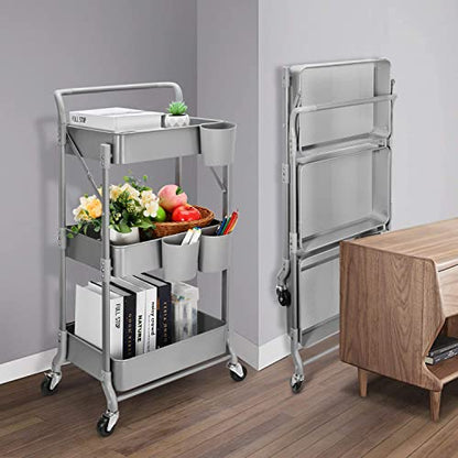 Foldable 3 Tier Metal Utility Rolling Cart, Folding Mobile Multi-Function Storage Trolley Organizer Cart for Home Library Office(Grey) - color: Gray
