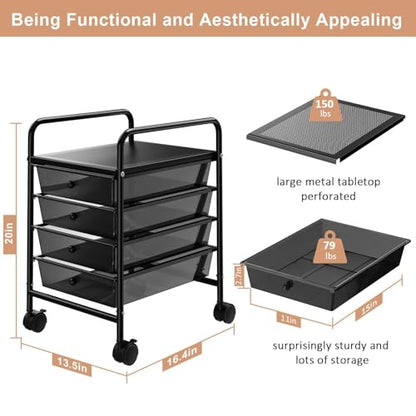 4-Tier Utility Cart with 4 Drawers, Rolling Utility Cart with 2 Lockable Caster Wheels, Multipurpose Mobile Rolling Drawer Cart for Office Bathroom Kitchen, Transparent Black - size: Black, 4-Tier