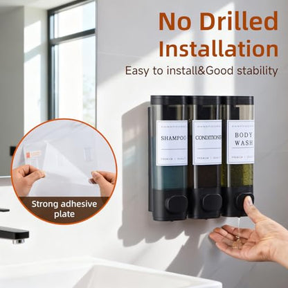 Shampoo and Conditioner Dispenser,Shower Soap Dispenser 3 Chamber No Drill Wall-Mounted Shampoo Dispenser for Shower Wall Mounted Shower Dispenser for Bathroom Hotel Large Capacity,Matte Black - color: Matte Black 3 Chamber