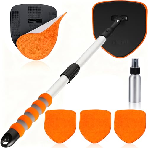 XINDELL Windshield Cleaner Tool, Car Window Cleaning Kit with 4 Reusable Microfiber Pads, Extendable Handle & 360° Rotating Head, Safety Hammer, Streak-Free Auto Glass Wiper for Car Truck SUV RV - color: Orange