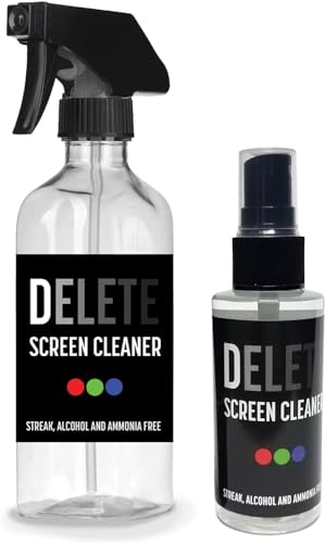 Delete Screen Cleaner Spray Kit, 2 Pack, 16oz and 2oz Bottle and 12"x12" Microfiber Cleaning Cloth, Streak-Free, Safe and Gentle Formula, Multi-Purpose for TVs, Computers, Monitors, Smart Phones - style: 2 Pack, 16oz and 2oz