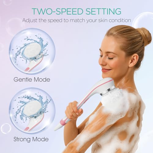 VOYOR Electric Body Brush Back Scrubber for Shower Rechargeable Exfoliating Bath Brush Powered Shower Brush with Non-Slip Long Handle Deep Cleansing, Exfoliation, Massaging Spin Brush BC100 (Pink) - color: Pink