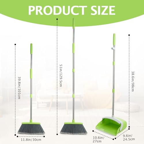 Broom and Dustpan Set, Dustpans with Broom Combo for Home, Heavy Dust Broom and Dustpan Combo, Long Handle Dust Pan and Broom Set for Kitchen, Office, Pet Hair(Gray Green) - color: Green 1-pack