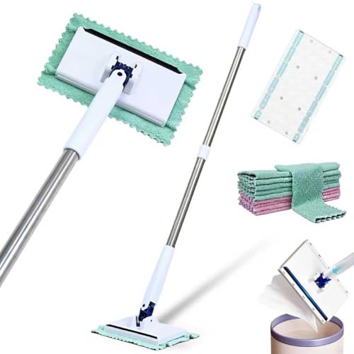 Snap Grip Mini Mop, Hands Free Flat Mop, with 10 Reusable Cloths, Stainless Steel, One-Click Replacement Design, for Wet/Dry Floors, Corner, Multi Cleaning