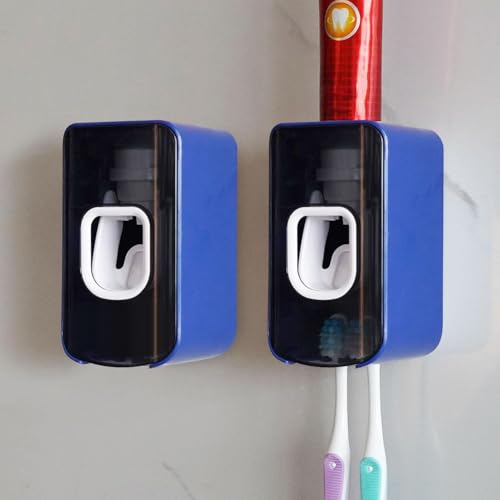 2 Slot Toothbrush Holder and Toothpaste Dispenser Wall Mounted, Automatic Toothpaste Squeezer, 2 in 1 Tooth Brush Toothpaste Organizer for Shower (Dark Blue 2Pack) - color: Dark Blue, size: 2