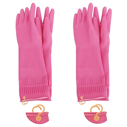 Myungjin 2 Pairs Reusable Waterproof Non-Slip Honeycomb Grip Latex Rubber Gloves with Hang-Dry Hooks/Hanging Loops for Dishwashing Household Cleaning Cooking (Large) - size: Large (Classic)