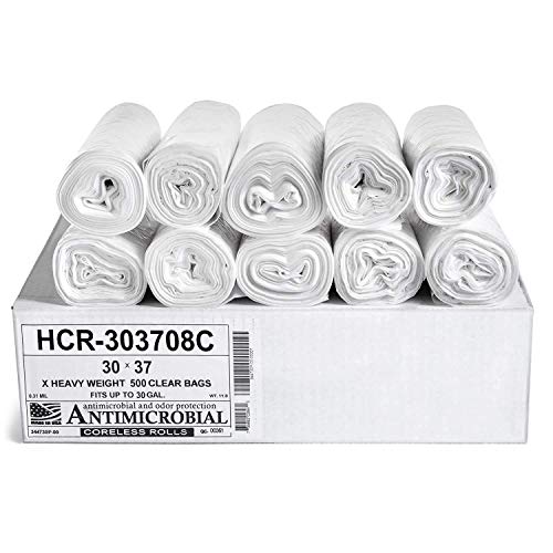 Aluf Plastics HCR-303708C High Density Star Sealed Coreless Roll Bags, 30 gal, Polyethylene, 30" x 37", Clear (1 Pallet of 100 Packs, 50000 Count Total) - color: Clear, style: 20-30 Gal, 8 Micron Equiv, 50,000 Count