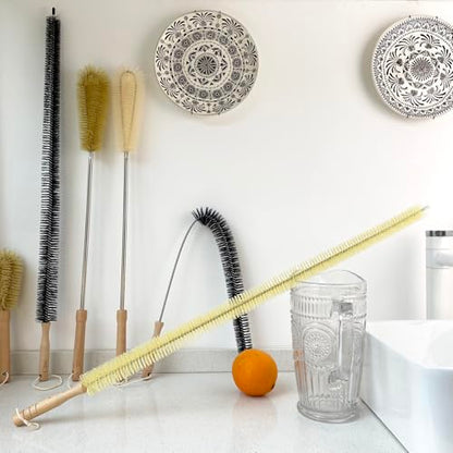 2 pcs 28''/ 72 cm Extra Long Nylon Brushes Set (Yellow), Wood Handle, Bendable, Bathroom Kitchen Cleaning Brush, Dryer Lint Remover Brush, for Radiator, Dryer Vent, Bathtub, Refrigerator, Pipe