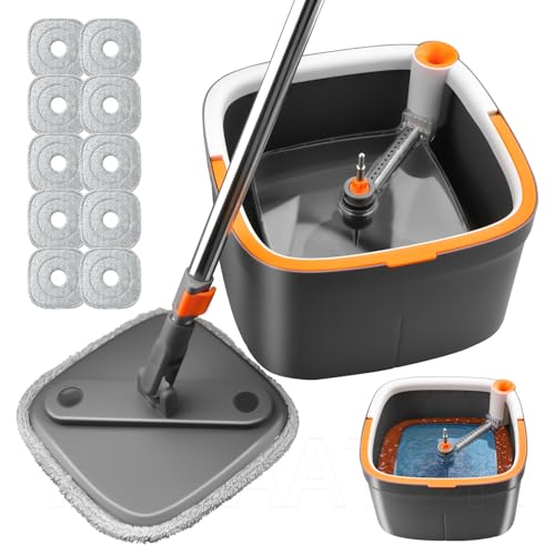 Spin Mop and Bucket Set with Self Separation Dirty and Clean Water System, Mop Set with Self Wringing 360° Rotating Clean Floor Mop-Head for Hardwood Tile Marble Floors (Dark Gray, 10pads) - size: Mop Set with 10pads