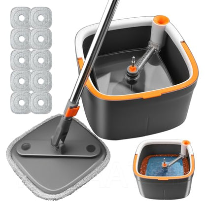 Spin Mop and Bucket Set with Self Separation Dirty and Clean Water System, Mop Set with Self Wringing 360° Rotating Clean Floor Mop-Head for Hardwood Tile Marble Floors (Dark Gray, 10pads) - size: Mop Set with 10pads
