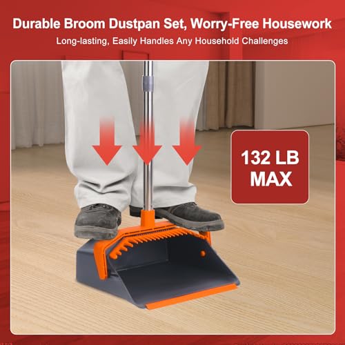 Tiumso Broom and Dustpan Set with 51'' Long Handle, Upright Broom and Dustpan Combo for Home Kitchen Office Restaurant Garage Lobby Dog Cat Pets Hair - Grey and Orange - color: Orange and Grey