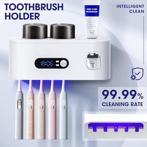 Toothbrush Sterilizer Holders,Smart Drying and Cleaning Wall Mounted Holder with Automatic Toothpaste Dispenser, 5 Brush Slots 2 Cups for Bathroom (White) - color: White