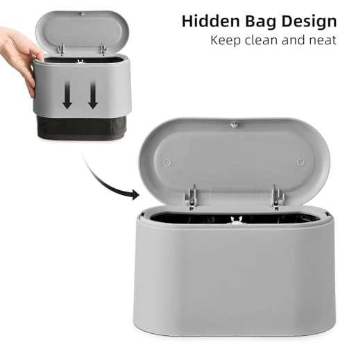 SUBEKYU 0.5 Gal Mini Countertop Trash Can with Lid for Desktop, Small Garbage Can for Office, Tiny Wastebasket, Plastic, Light Grey - color: grey with lid