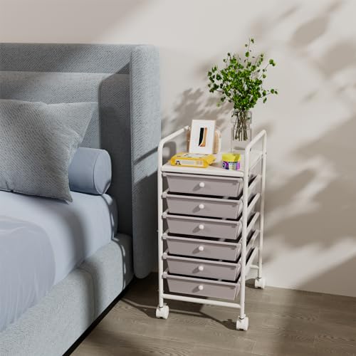 6-Tier Utility Cart with 6 Drawers, Rolling Utility Cart with 2 Lockable Caster Wheels, Multipurpose Mobile Rolling Drawer Cart for Office Bathroom Kitchen, Gray - size: Gray, 6-Tier
