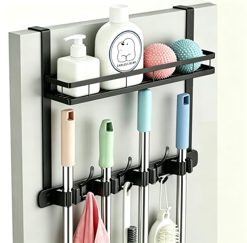 Over the Door Heavy Duty Metal Broom & Mop Holder, No-Drill Cleaning Supply Organizer with 4 Grips, 3 Hooks & 1 Storage Basket for Laundry Room & Garage - color: black