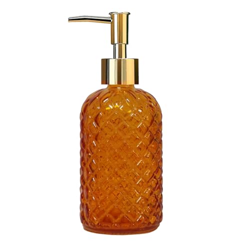Glass Soap Dispenser with Gold Plastic Pump, 13.5oz Refillable Liquid Hand Soap Dispenser, Crystal Lotion Bottle for Modern Home Decor, Bathroom, Kitchen Countertop, Hotel(Orange) - color: Tangerine