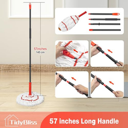 TidyBliss Self Wringing Twist Mop for Floor Cleaning, 57.5 inches Long Handle Cotton String Mop with Wringer, Washable Microfiber Wet Mop with Scouring Pad for Hardwood, Tile, Bathtub, Kitchen - size: 57.5 inches